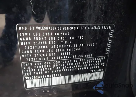 2019 Volkswagen Tiguan 2.0T S z USA, uszkodzony, nr VIN 3VV0B7AX7KM058736